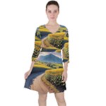 Sunflowers Flowers Nature Quarter Sleeve Ruffle Waist Dress