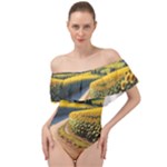 Sunflowers Flowers Nature Off Shoulder Velour Bodysuit 