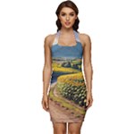 Sunflowers Flowers Nature Sleeveless Wide Square Neckline Ruched Bodycon Dress