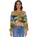 Sunflowers Flowers Nature Long Sleeve Crinkled Weave Crop Top