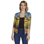 Sunflowers Flowers Nature Women s Draped Front 3/4 Sleeve Shawl Collar Jacket