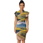 Sunflowers Flowers Nature Vintage Frill Sleeve V-Neck Bodycon Dress
