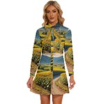 Sunflowers Flowers Nature Women s Long Sleeve Bow Deco Button Up Dress