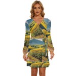 Sunflowers Flowers Nature Long Sleeve Waist Tie Ruffle Velvet Dress