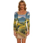 Sunflowers Flowers Nature Long Sleeve Square Neck Bodycon Velvet Dress