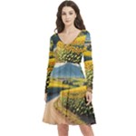 Sunflowers Flowers Nature Long Sleeve V-neck skater dress with Pockets
