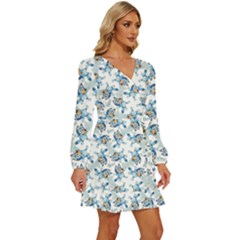 Long Sleeve Waist Tie Ruffle Velvet Dress 