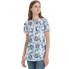 Women s Zip Front V-Neck Short Sleeve Casual Top Pocket Shirt 