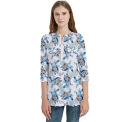 Women s Zip Front V-Neck 3/4 Sleeve Casual Top Pocket Shirt 