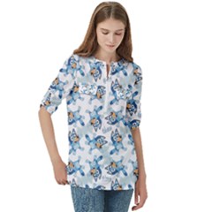 Women s Zip Front V-Neck 3/4 Sleeve Casual Top Pocket Shirt 