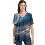 Ocean Sea Waves V-Neck Split Shoulder Casual T-Shirt