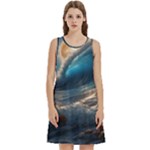 Ocean Sea Waves Round Neck Sleeve Casual Dress With Pockets