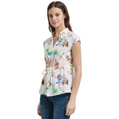 Women s Cap Sleeve Mandarin Collar Waist Tie Blouse 