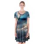Ocean Sea Waves Short Sleeve V-neck Flare Dress
