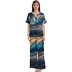 Ocean Sea Waves Short Sleeve Long Pants Satin Pajamas Set