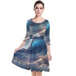 Ocean Sea Waves Quarter Sleeve Waist Band Dress