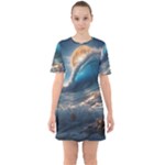 Ocean Sea Waves Sixties Short Sleeve Mini Dress