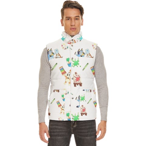 Bluey, Bluey merch, Bluey pattern, Bluey Bluey, bingo, Bluey design, bluey dog Men s High Neck Button Up Puffer Vest from ArtsNow.com