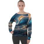 Ocean Sea Waves Off Shoulder Long Sleeve Velour Top
