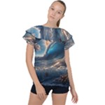 Ocean Sea Waves Ruffle Collar Chiffon Blouse