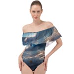 Ocean Sea Waves Off Shoulder Velour Bodysuit 