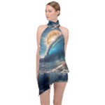 Ocean Sea Waves Halter Asymmetric Satin Top