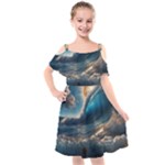 Ocean Sea Waves Kids  Cut Out Shoulders Chiffon Dress