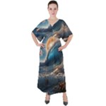 Ocean Sea Waves V-Neck Boho Style Maxi Dress