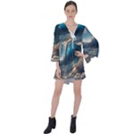 Ocean Sea Waves V-Neck Flare Sleeve Mini Dress