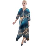 Ocean Sea Waves Quarter Sleeve Wrap Front Maxi Dress