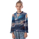 Ocean Sea Waves Kids  Frill Detail T-Shirt