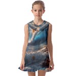 Ocean Sea Waves Kids  Pilgrim Collar Ruffle Hem Dress