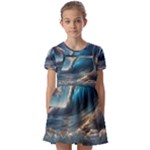 Ocean Sea Waves Kids  Short Sleeve Pinafore Style Dress