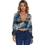 Ocean Sea Waves Long Sleeve Deep-V Velour Top