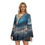 Ocean Sea Waves Round Neck Long Sleeve Bohemian Style Chiffon Mini Dress
