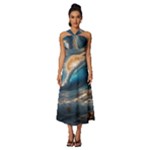 Ocean Sea Waves Sleeveless Cross Front Cocktail Midi Chiffon Dress
