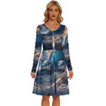 Ocean Sea Waves Long Sleeve Dress With Pocket