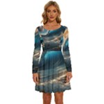 Ocean Sea Waves Long Sleeve Wide Neck Velvet Dress