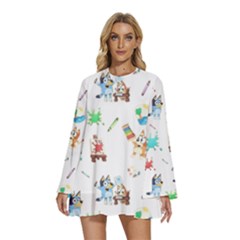 Round Neck Long Sleeve Bohemian Style Chiffon Mini Dress 