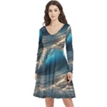 Ocean Sea Waves Long Sleeve V-neck skater dress with Pockets