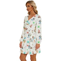 Long Sleeve Waist Tie Ruffle Velvet Dress 