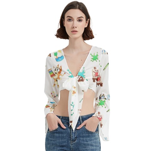 Bluey, Bluey merch, Bluey pattern, Bluey Bluey, bingo, Bluey design, bluey dog Trumpet Sleeve Cropped Top from ArtsNow.com