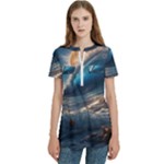 Ocean Sea Waves Women s Zip Front V-Neck Short Sleeve Casual Top Pocket Shirt