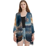 Ocean Sea Waves Open Front 3/4 Sleeve Batwing Chiffon Cardigan Kimono