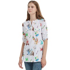 Women s Zip Front V-Neck 3/4 Sleeve Casual Top Pocket Shirt 