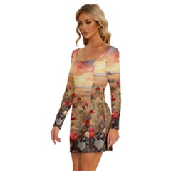 Long Sleeve Square Neck Bodycon Velvet Dress 