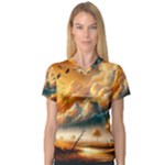 Nature Storm Painting V-Neck Sport Mesh T-Shirt