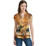 Nature Storm Painting Women s Cap Sleeve Mandarin Collar Waist Tie Blouse