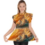 Nature Storm Painting Ruffle Collar Short Sleeve Chiffon Top