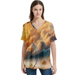 Nature Storm Painting V-Neck Split Shoulder Casual T-Shirt